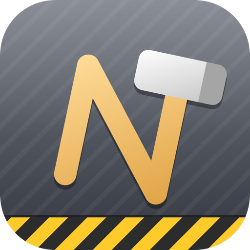 The Neuridion application icon: a leaning letter N whose right stem is the shaft of a hammer, on a steel tile with a strip of caution marking along the foot