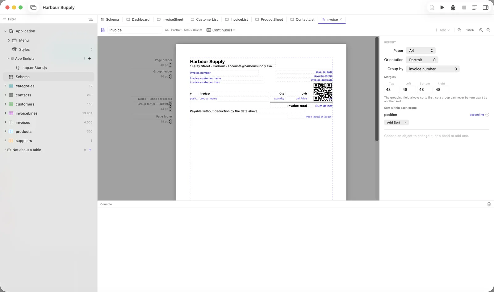 The report editor: an invoice laid out in bands — page header, group header, detail, group footer, page footer — with a QR code and the inspector on the right