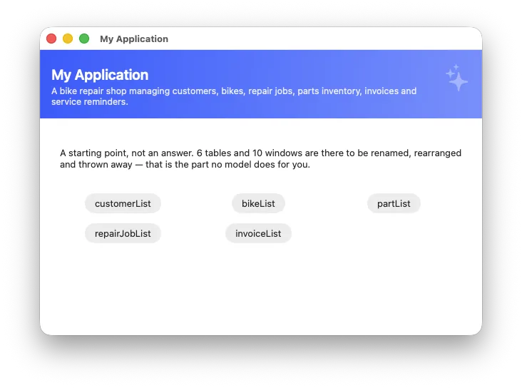 The generated application running: a start window listing its five list windows