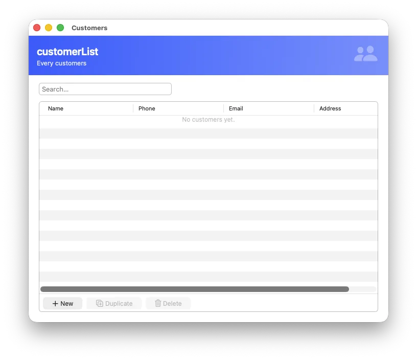 The generated customer list: search box, four columns, New, Duplicate and Delete
