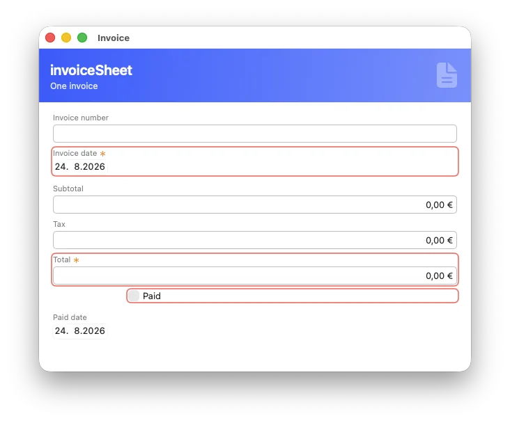 The generated invoice sheet, a new record with its required fields marked