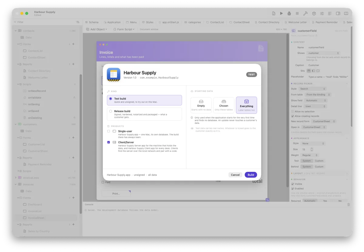 The build sheet with Test build chosen: quick and unsigned, to try out on this Mac