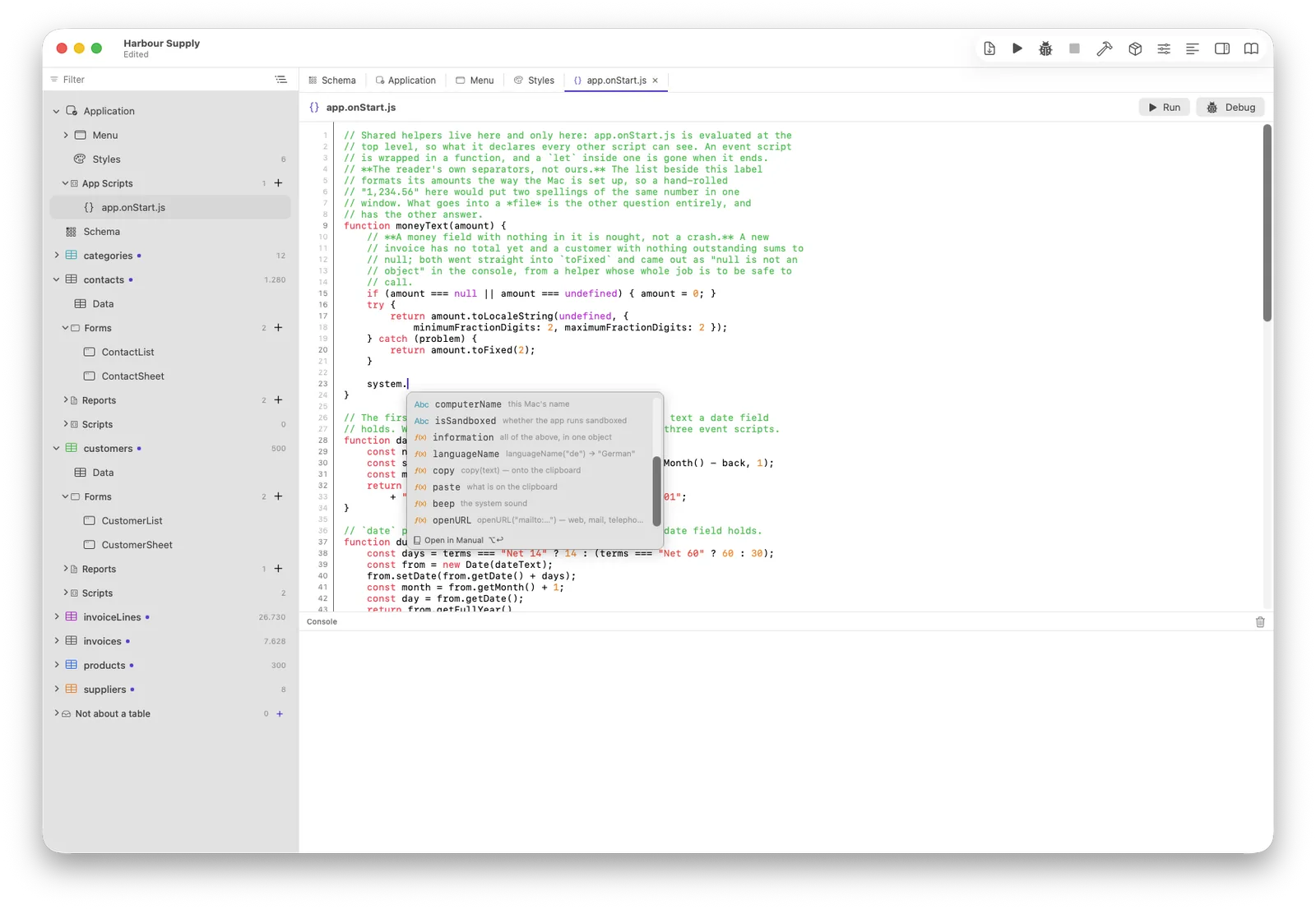 The code editor's completion list, each command with a one-line explanation