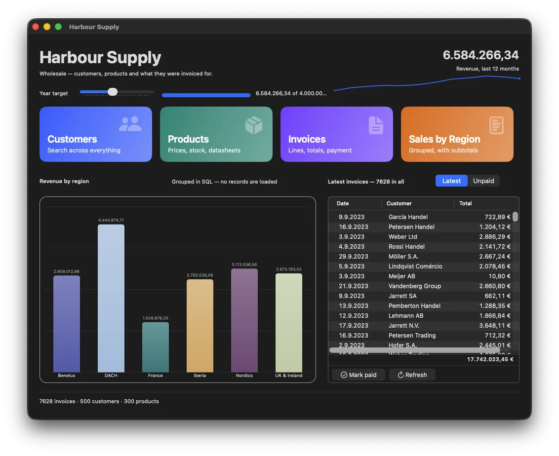 The Harbour Supply dashboard in dark appearance