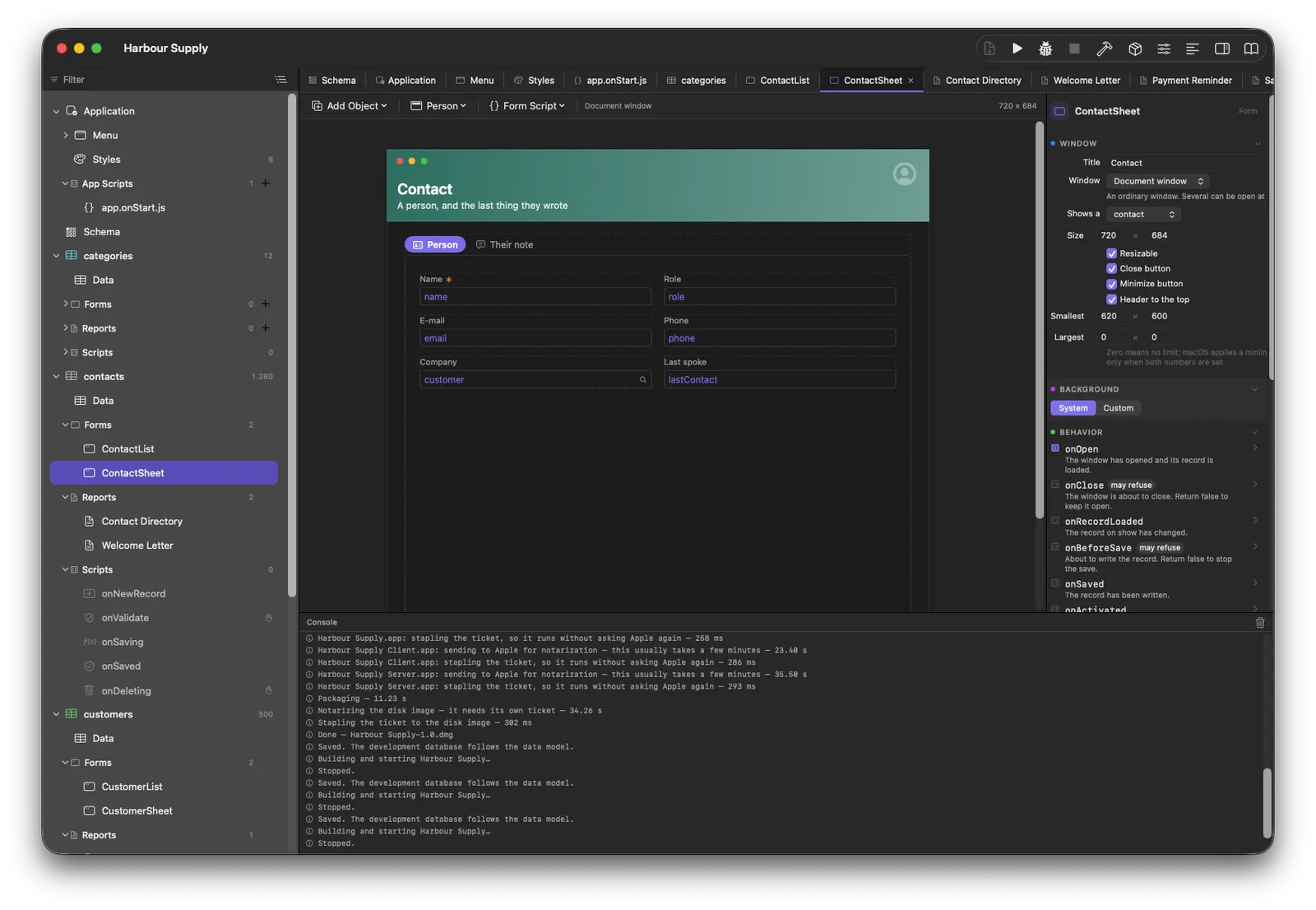 The form designer with a contact sheet open, its fields showing their bindings