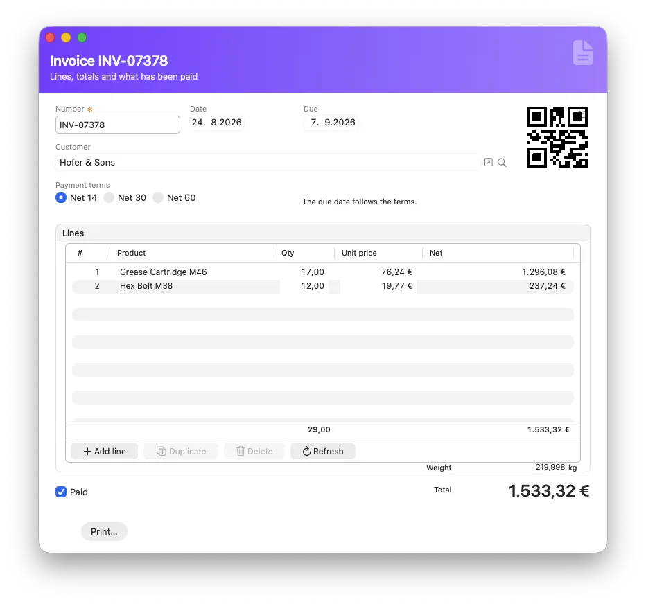 An invoice with its lines, per-line net, column totals, a QR code and the invoice total