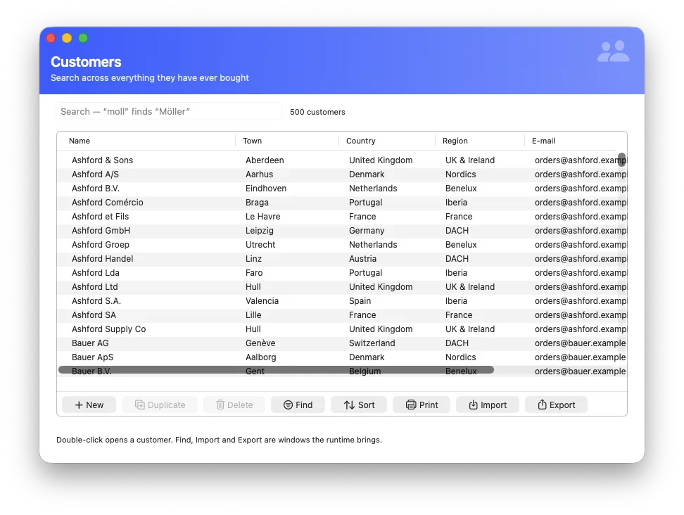 The running customer list: 500 customers across twelve countries, with the row-action bar under it