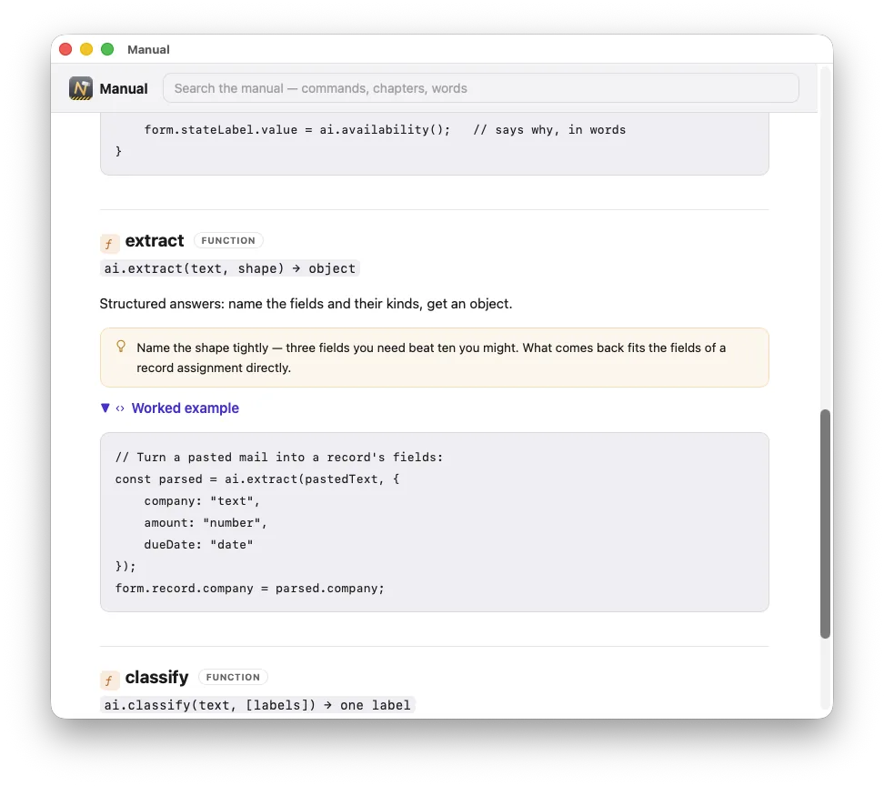 The manual, open inside Neuridion at a command, with its tip and its worked example