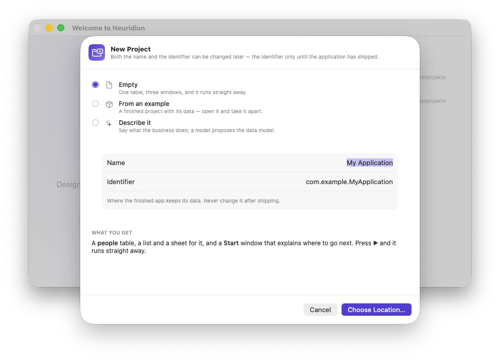 The new-project dialog with three ways in: empty, from an example, or described