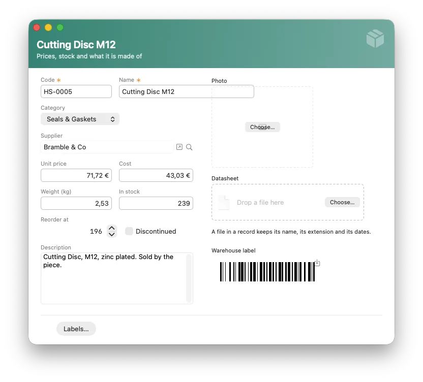 A product sheet with a photo well, a file well and a barcode