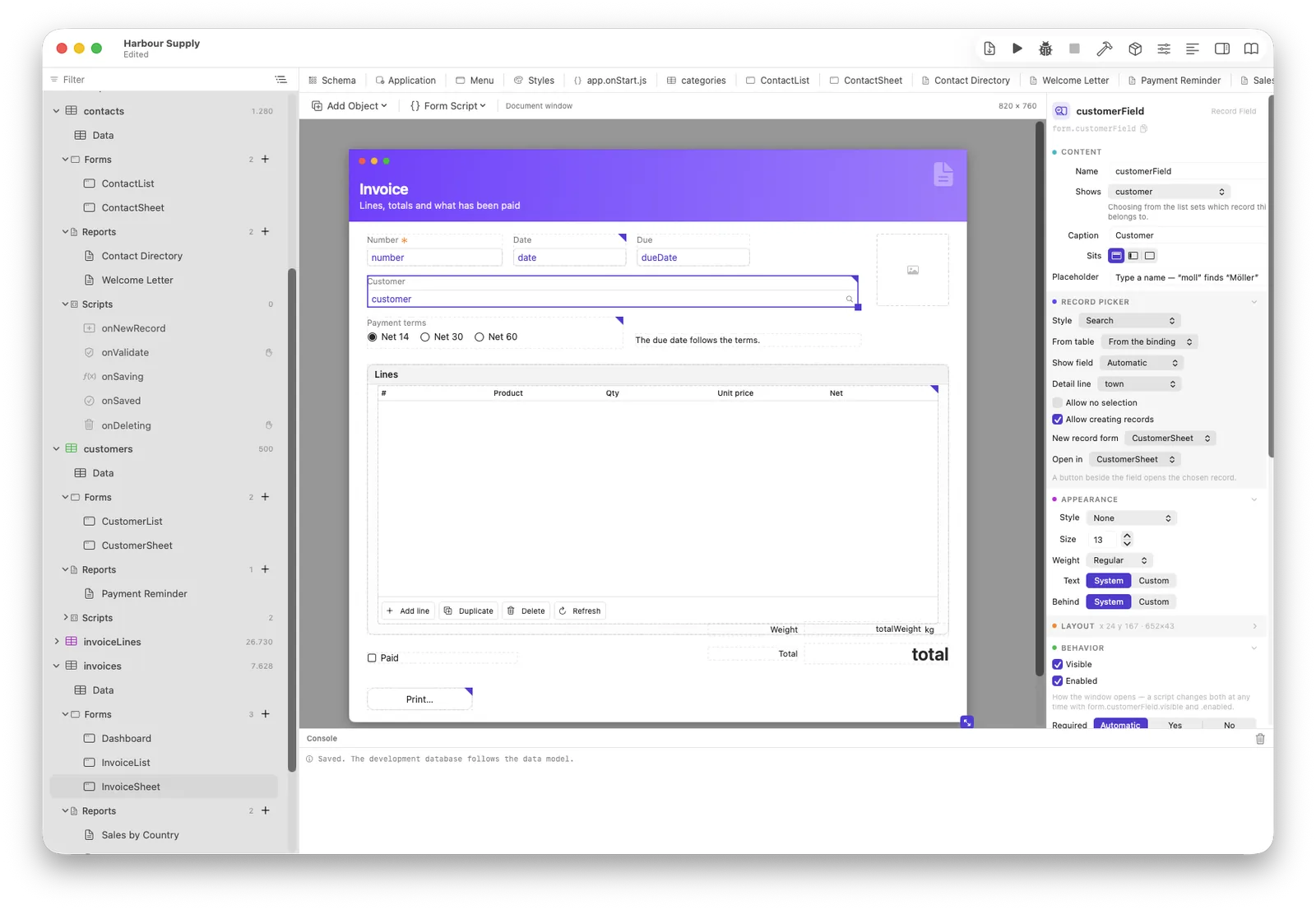 A product sheet in the designer, with a record field bound to its supplier