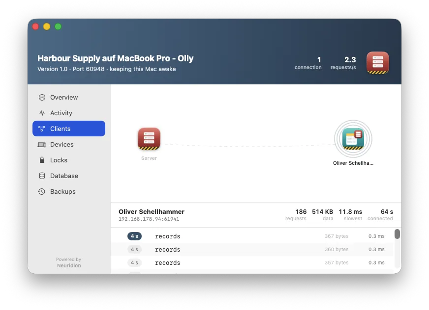 The Clients page: desks connected to the server, with live activity and each desk's last minute