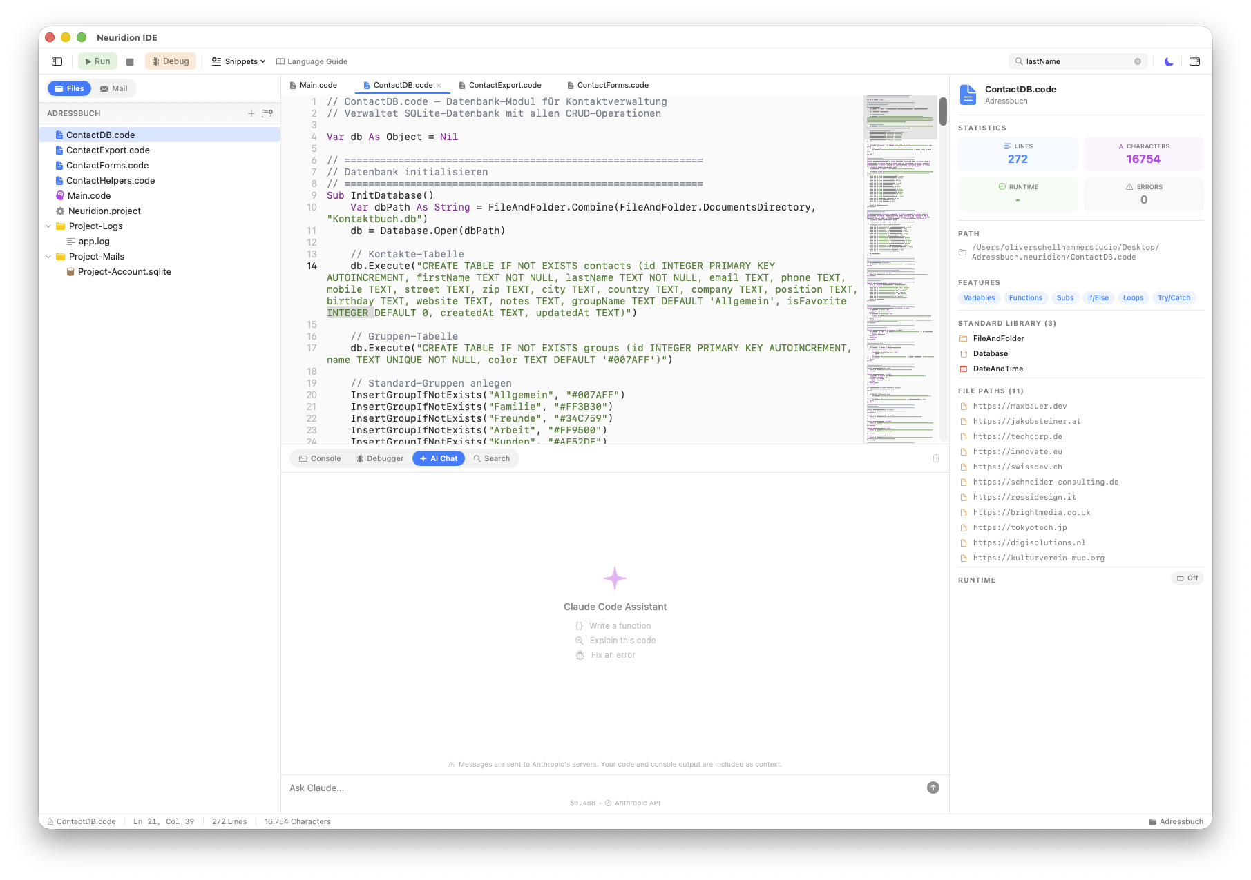 IDE with AI Chat panel open