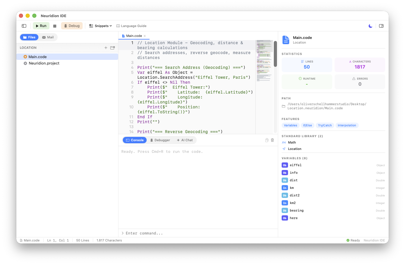 Neuridion IDE — code editor with console, debugger, and file navigator