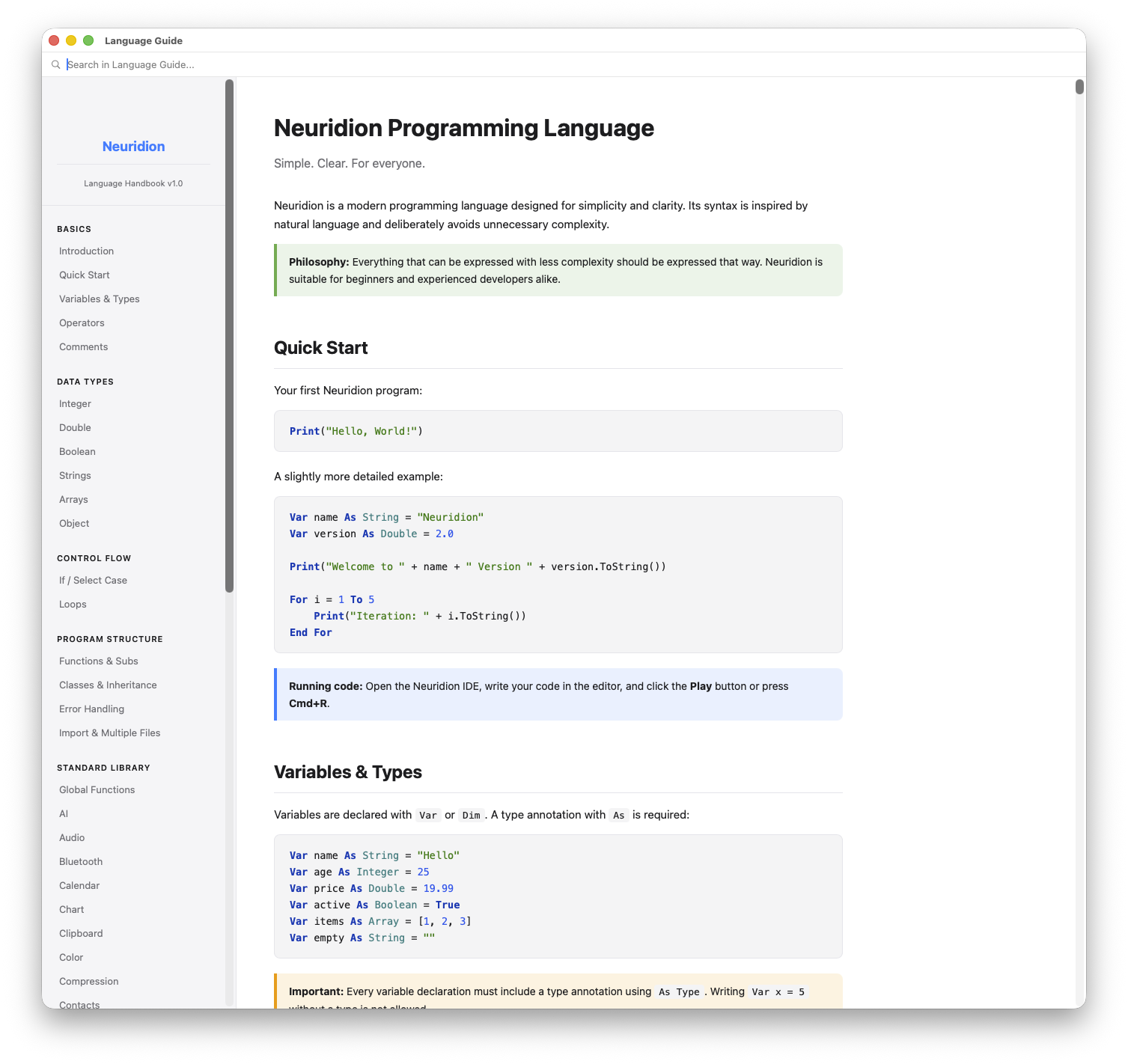Language Guide documentation window
