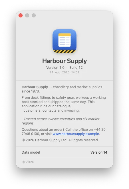 The About window of a built application, with the text the developer wrote and the build stamp
