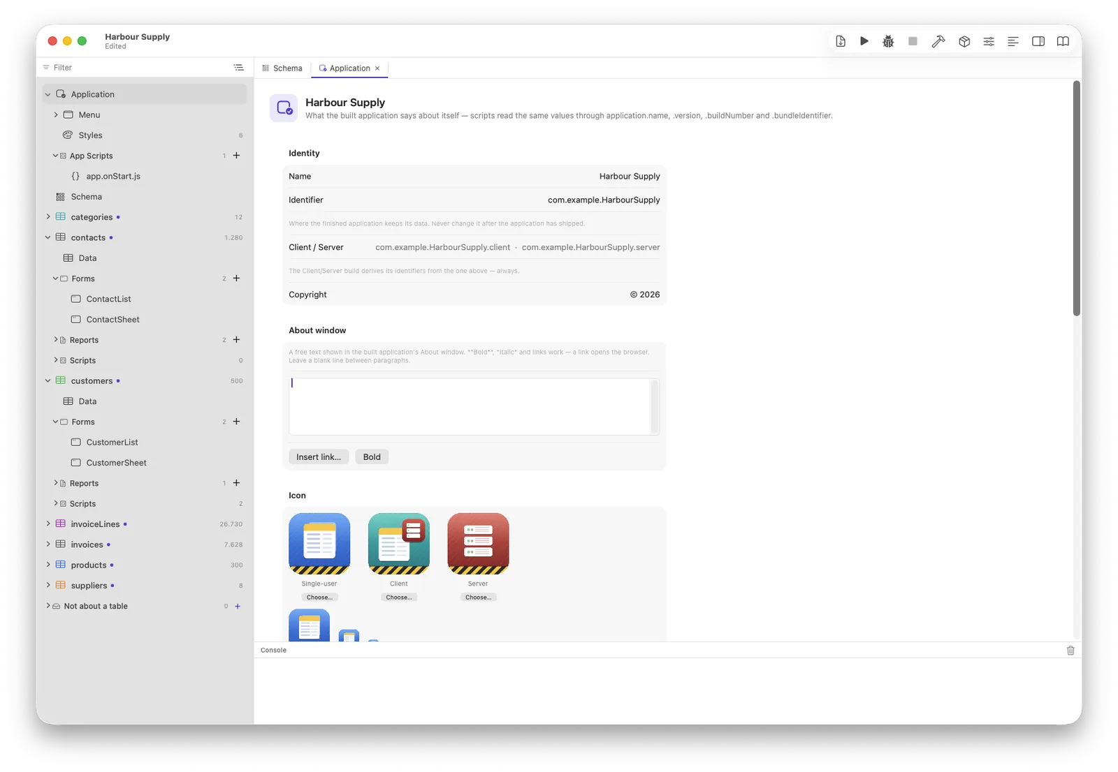 The Application tab: identity, About text, and the three icon wells
