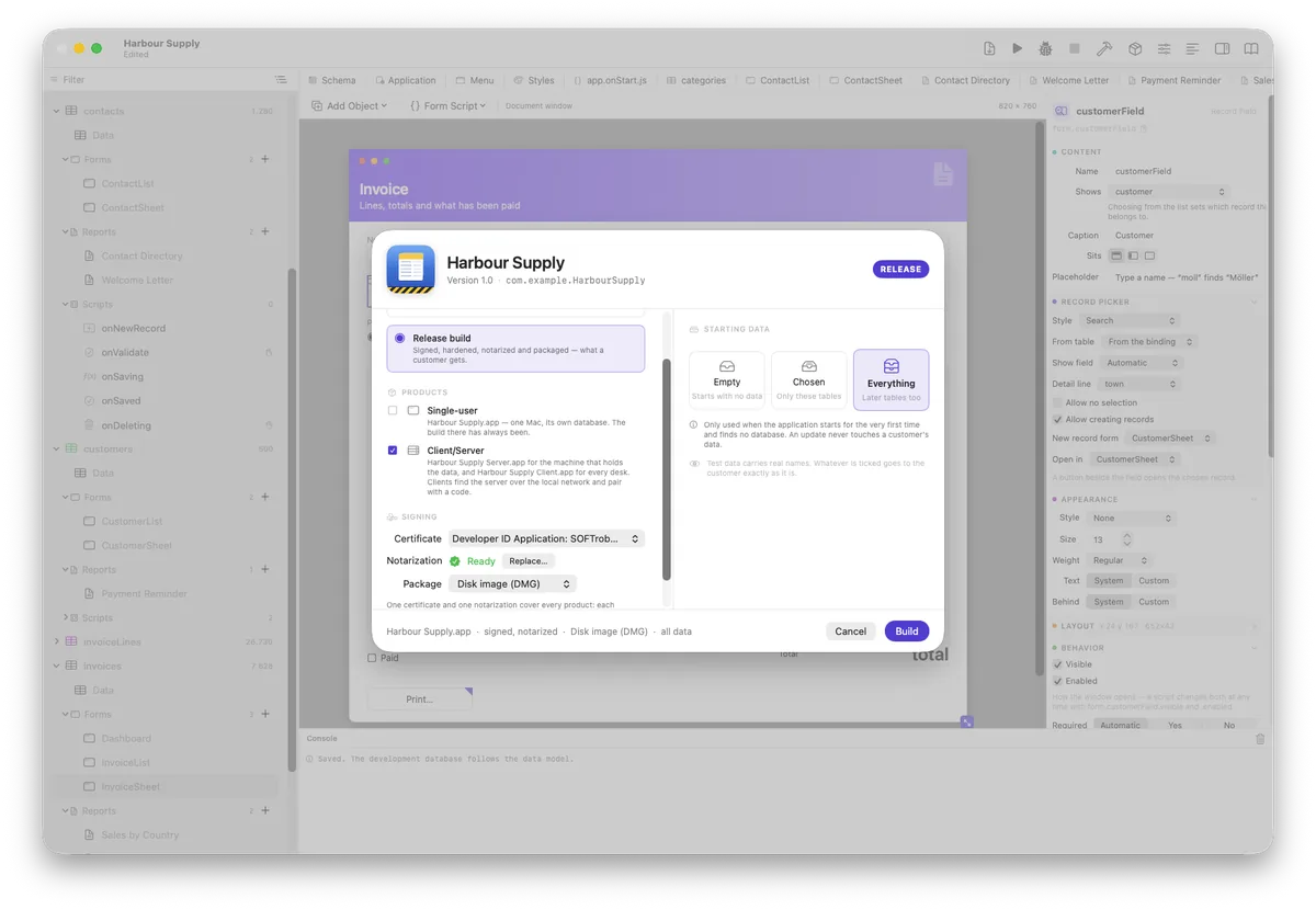 The build sheet: kind, products, signing, starting data