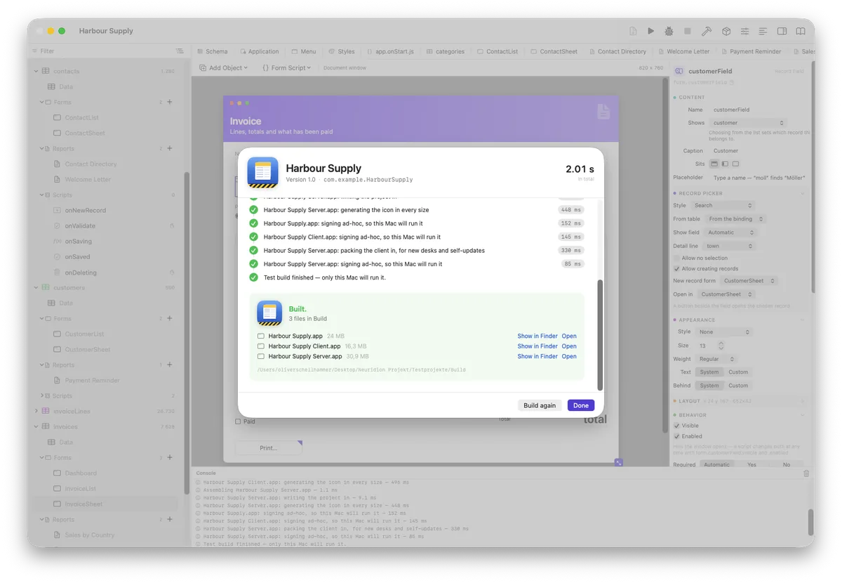 A finished test build: two seconds, three applications, signed ad-hoc
