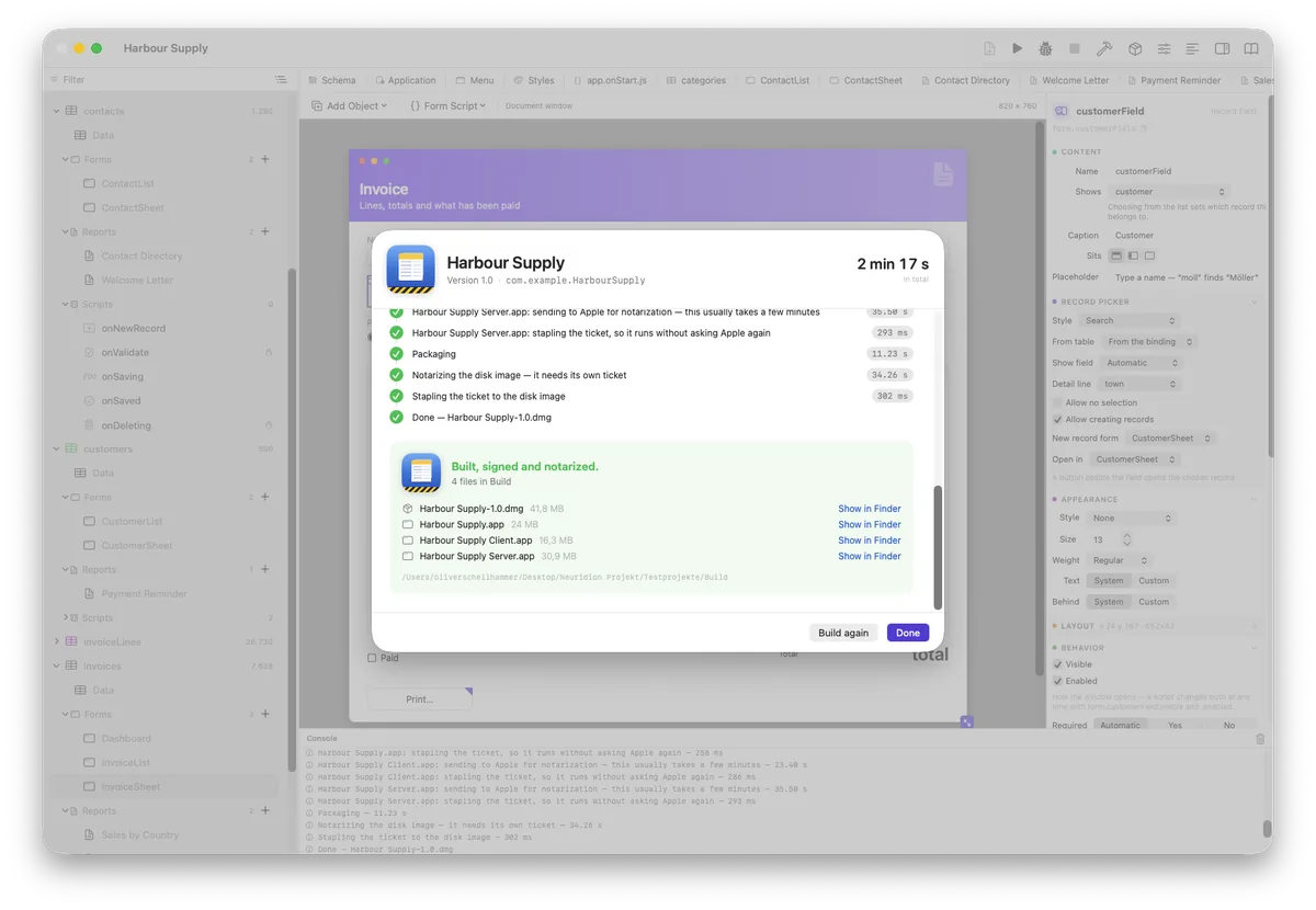 A finished build: every step ticked, four files produced