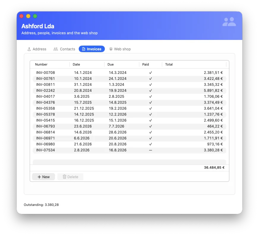 A customer's sheet with its invoices on a tab, totalled underneath