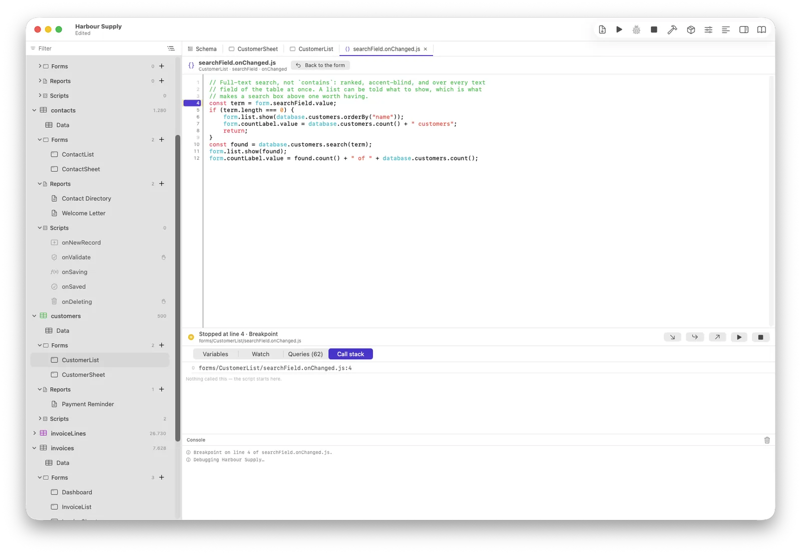 The Call stack tab showing one frame and the sentence that nothing called it
