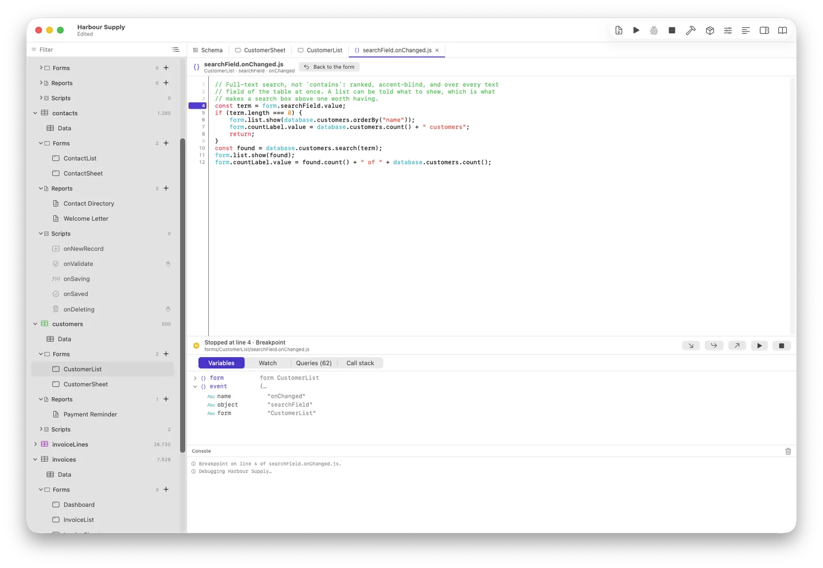 Stopped at a breakpoint: the line, the scope, the step buttons