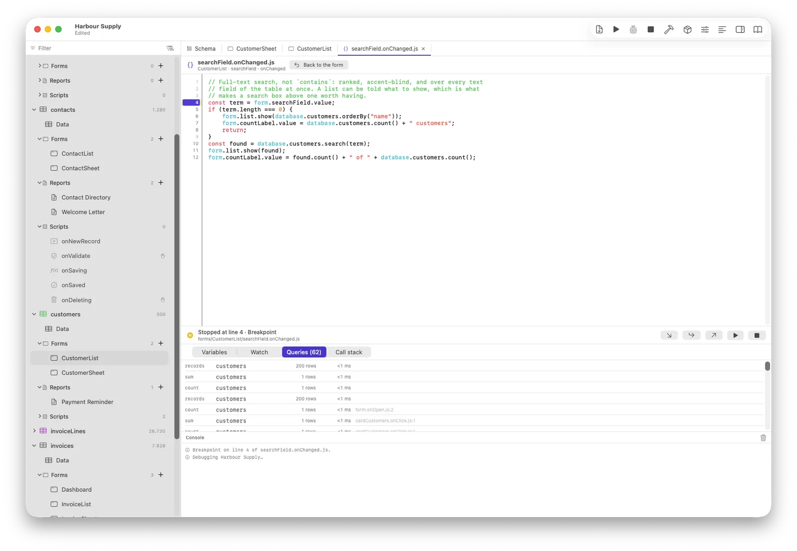 The query log: every query with rows, time and the script that caused it