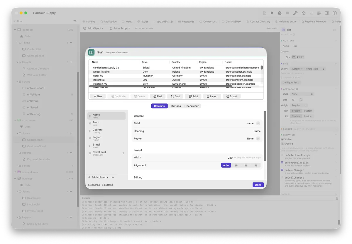 Configuring a list: the real list above, its columns and buttons below