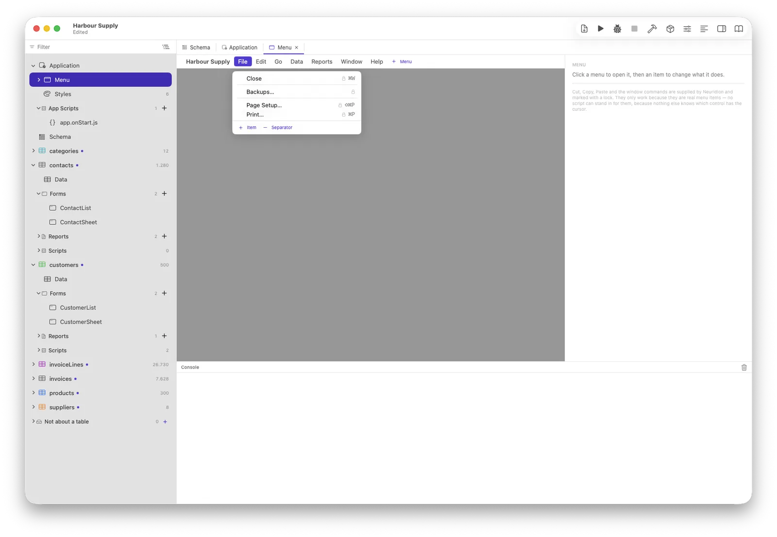 The menu editor: a real menu bar, a menu open, the supplied items marked with a padlock