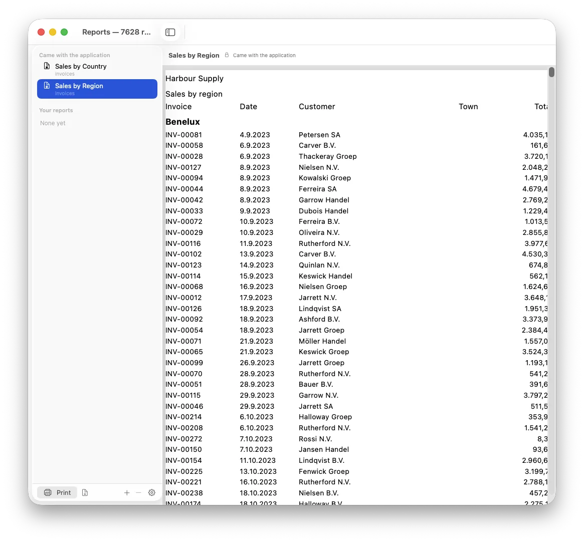 The report manager: the shipped reports, the end user's own, and a live preview