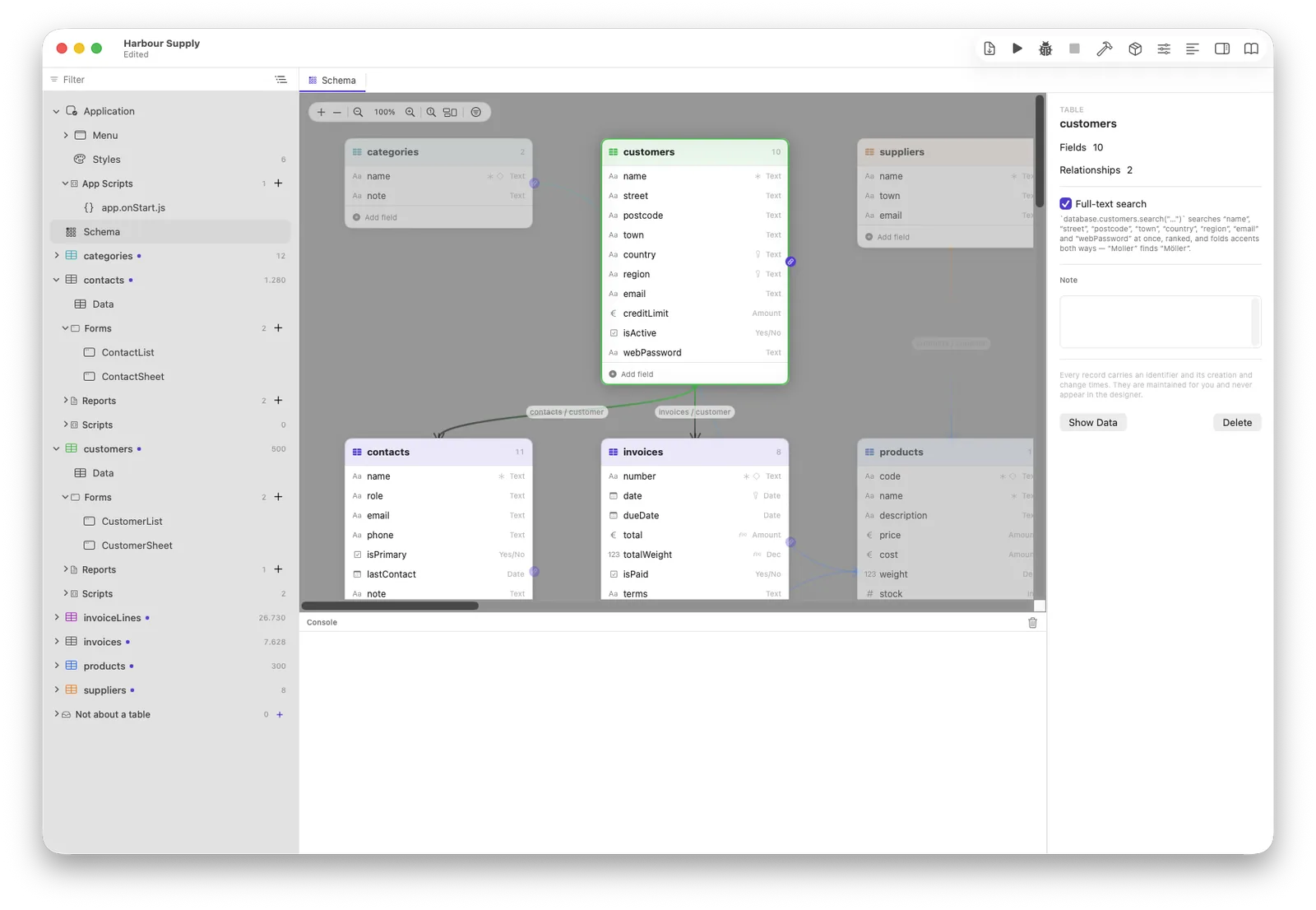 The schema canvas with tables and relationship lines